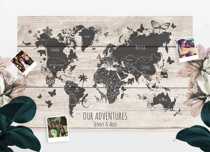 Personalised World Travel Push Pin Map - Wood Effect + Colour Options - 100 free pins