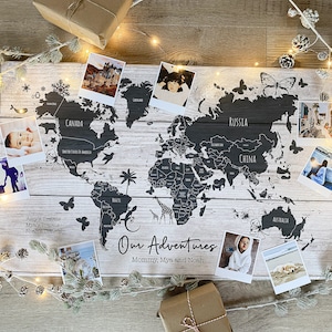 Personalised World Travel Push Pin Map - Wood Effect + Colour Options - 100 free pins Anniversary Gift, Best Unique Christmas Idea