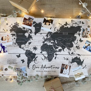 Personalised World Travel Push Pin Map - Wood Effect + Colour Options - 100 free pins Anniversary Gift, Best Unique Christmas Idea