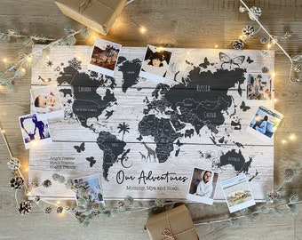 Personalised World Travel Push Pin Map - Wood Effect + Colour Options - 100 free pins Anniversary Gift, Best Unique Christmas Idea