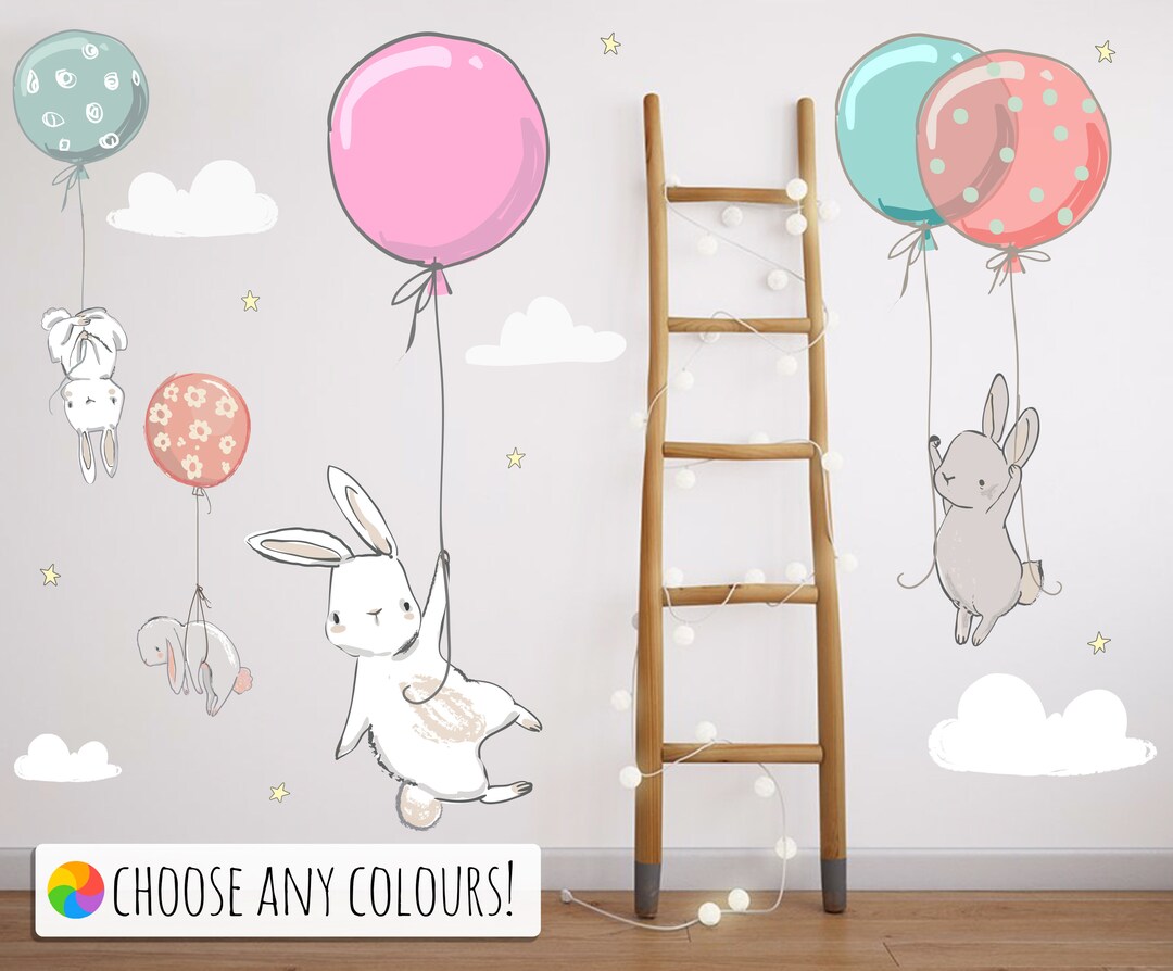 FABRIC Cute Bunny With Balloons Nursery Wall Stickers / Decals ...