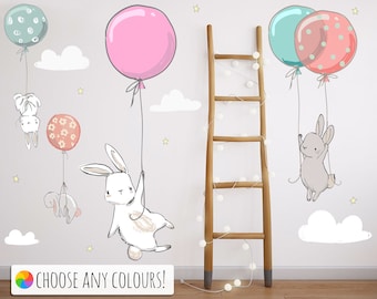 Süße Häschen Kinderzimmer Wandaufkleber, Kaninchen Ballon Wandtattoo, Kinderzimmer Dekor, Babyzimmer Wandbild, Neugeborenen Kinderzimmer, Waldkinderzimmer Kunst