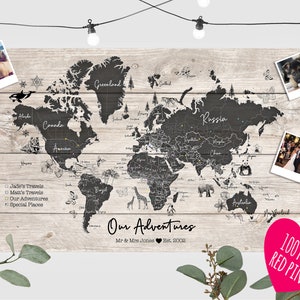 Personalised World Travel Push Pin Map- Wood Effect + Colour Options - 100 free pins