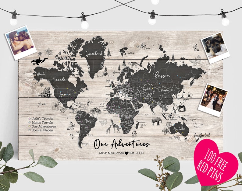 Personalised World Travel Push Pin Map- Wood Effect + Colour Options - 100 free pins
