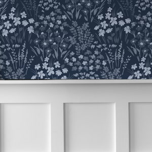 Painted Wildflower Meadow Flowers Peel and Stick or Traditional Wallpaper Wall Mural - Dark Blue Navy Cobalt