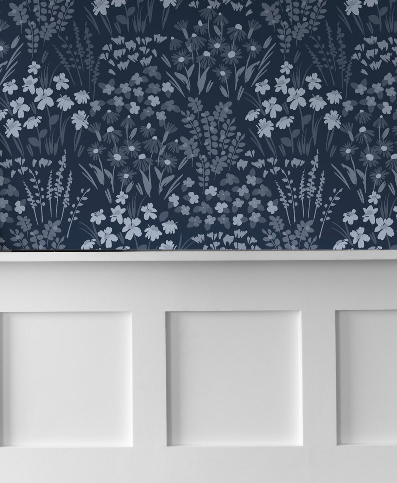 Painted Wildflower Meadow Flowers Peel and Stick or Traditional Wallpaper Wall Mural - Dark Blue Navy Cobalt