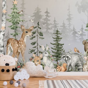 NEW! Peel and Stick or Traditional Woodland Forest Animals Nursery Baby Removable Wallpaper - Trees Bear Mountains Deer Rabbit Flowers Fox