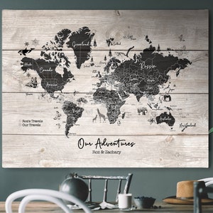 Personalised World Travel Push Pin Map- Wood Effect + Colour Options - 100 free pins