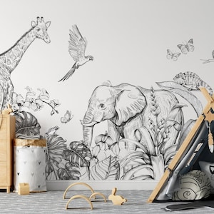 Removable Jungle Animal Elephant Giraffe Parrot Nursery Wallpaper Temporary Peel and Stick - Tropical Animal Patterns