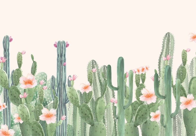 Peel and Stick or Traditional Wallpaper CACTUS Blossom Wall - Etsy