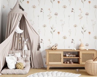 Painted Wildflower Meadow Flowers Peel and Stick or Traditional Wallpaper Wall Mural - blush nursery neutral