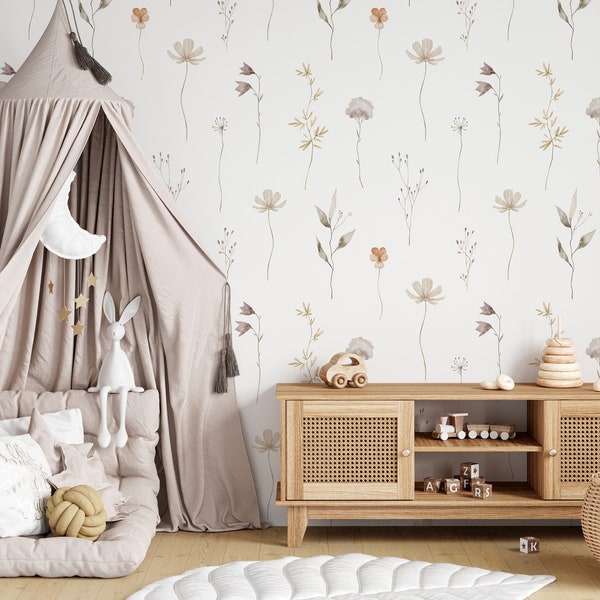 Painted Wildflower Meadow Flowers Peel and Stick or Traditional Wallpaper Wall Mural - blush nursery neutral