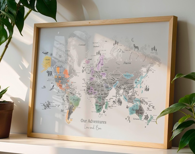 Personalised Scratch Off Map Hand drawn Watercolour World Atlas - RAINBOW