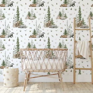 NEW! Peel and Stick Woodland Forest Animals Nursery Baby Removable and Traditional Wallpaper - Trees Bear Mountains Deer Rabbit Flowers Fox