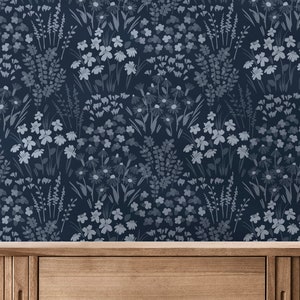 Painted Wildflower Meadow Flowers Peel and Stick or Traditional Wallpaper Wall Mural - Dark Blue Navy Cobalt