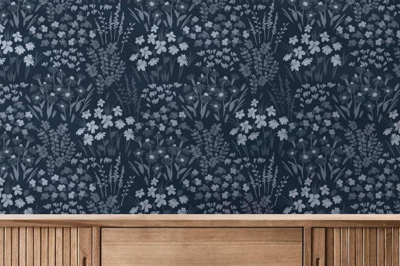 Painted Wildflower Meadow Flowers Peel and Stick or Traditional Wallpaper Wall Mural - Dark Blue Navy Cobalt