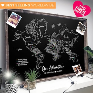 MEDIUM Gepersonaliseerde World Travel Push Pin Kaart - Rustieke boerderij houten frame - 100 gratis pins