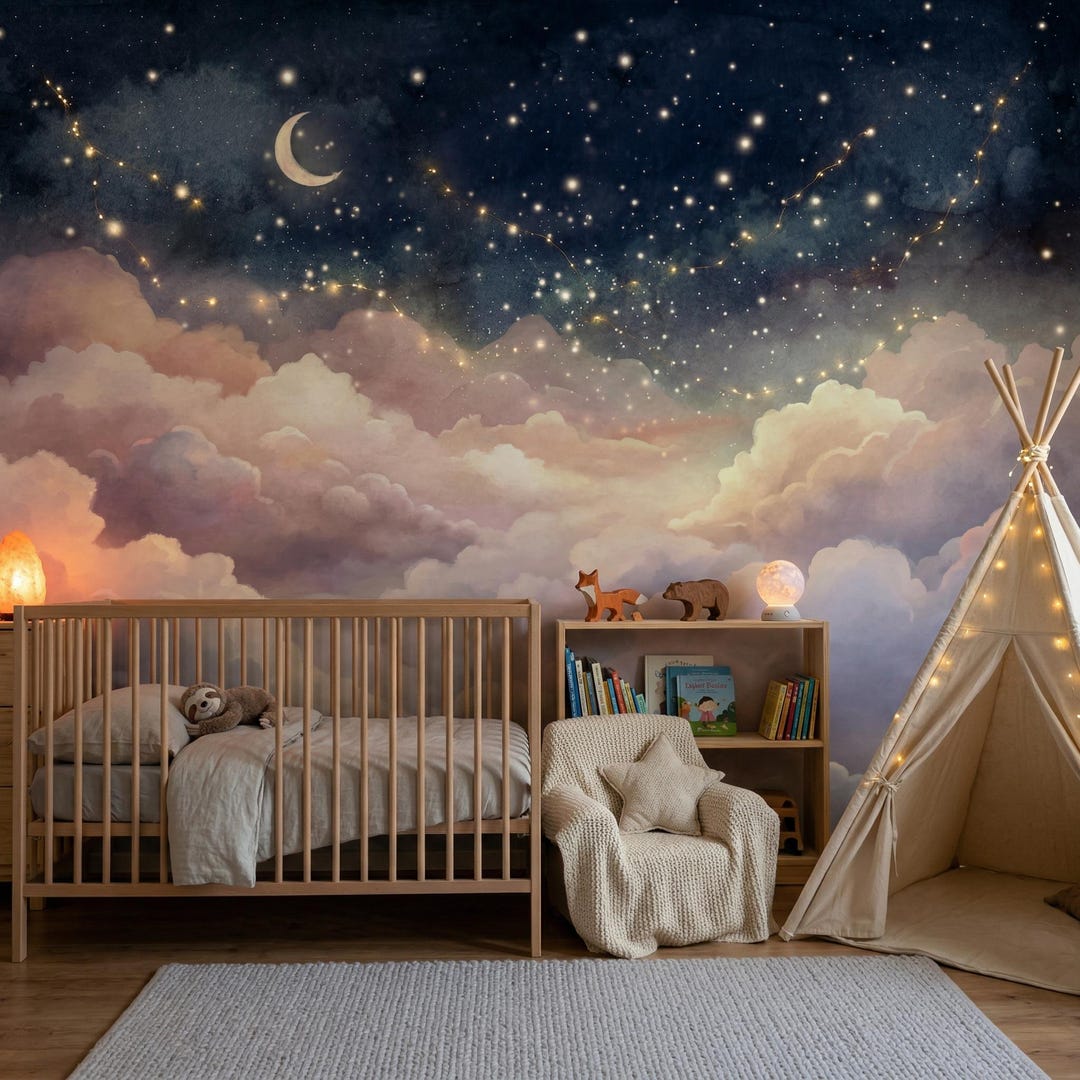 Starry Night Sky Wall Mural – Clouds, Moon, Stars Nursery Wallpaper - Etsy
