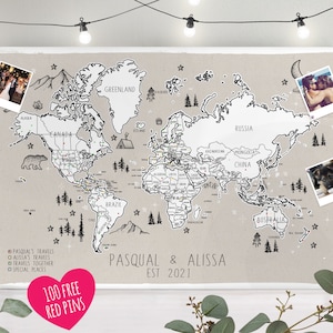 Celestial Night Sky Drawn Travel Map Personalisierte Welt - 100 kostenlose Push-Pins - Geschenk für ihn oder sie Jahrestag, Weihnachten, personalisiert