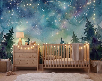 Northern Lights Nursery Wall Mural | Aurora Borealis Wallpaper | Nordic Forest & Star Constellation | Peel and Stick or Traditional