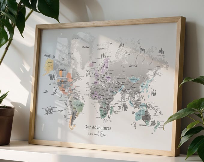Atlas du monde aquarelle personnalisé à gratter dessiné à la main - ARC-EN-CIEL