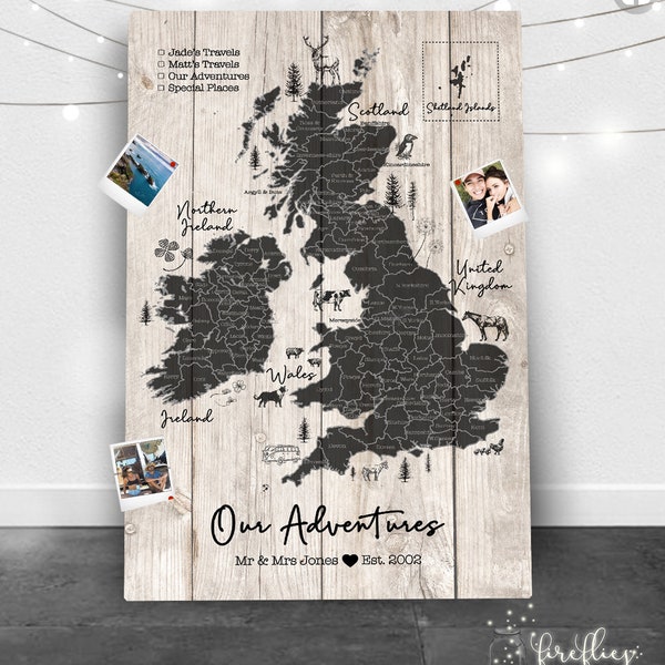UK Personalised World Travel Push Pin Map Board of United Kingdom England - Wood Effect + Colour Options - 100 free pins