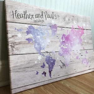 Mapa de alfinetes de viagem mundial personalizado - efeito madeira + opções de cores - 100 alfinetes grátis