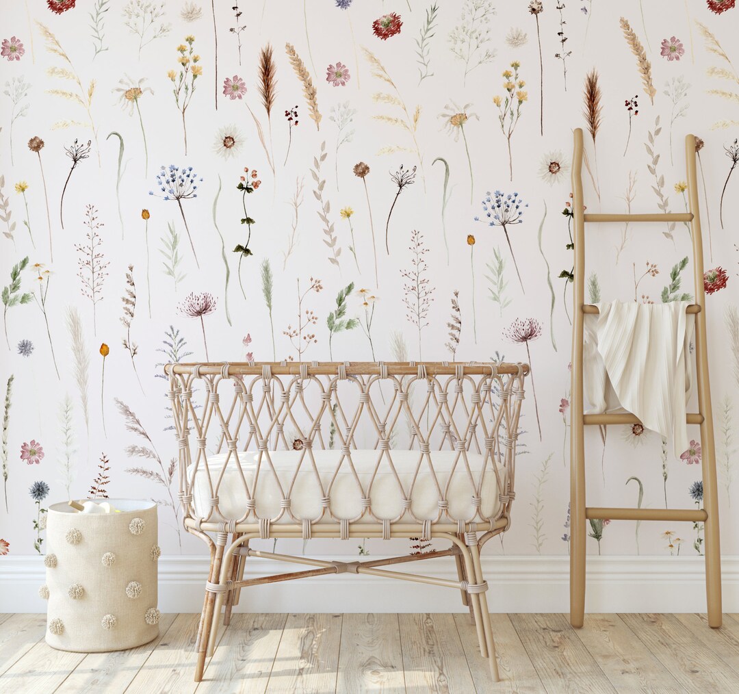 Painted Wildflower Meadow Wall Mural | Blush Floral Wallpaper Peel ...