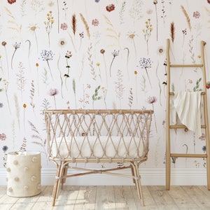 Painted Wildflower Pressed Meadow Flowers Peel and Stick or Traditional Wallpaper Wall Mural - blush nursery neutral