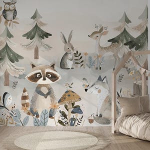 Peel and Stick or Traditional Woodland Forest Animals Nursery Baby Removable Wallpaper - Trees Racoon Wolf Rabbit - GENDER NEUTRAL Beige