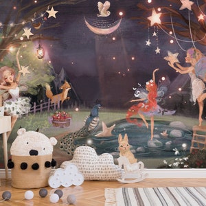 Peel and Stick Magical Fairy Starry Night Sky Wall Mural Nursery Bedroom Traditional Wallpaper - Forest Woodland Animals Rabbit Fox