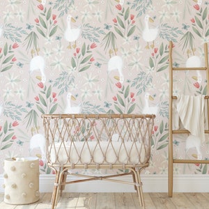 Papier peint floral neutre dessiné canards canards animaux de la ferme - papier peint autocollant ou papier peint traditionnel - chambre fleurs pour filles