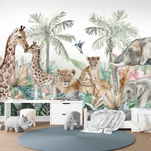 NEW! Peel and Stick Jungle Safari Animals Nursery Baby Removable and traditional Wallpaper - Lion Cub Elephant Giraffe Parrot