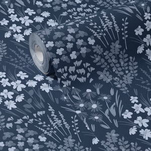 Painted Wildflower Meadow Flowers Peel and Stick or Traditional Wallpaper Wall Mural - Dark Blue Navy Cobalt
