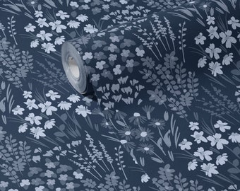 Painted Wildflower Meadow Flowers Wall Mural | Dark Blue Navy Cobalt Peel & Stick Wallpaper | Floral Nursery Bedroom Feature Wall