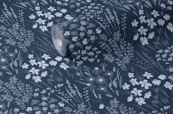 Painted Wildflower Meadow Flowers Wall Mural | Dark Blue Navy Cobalt Peel & Stick Wallpaper | Floral Nursery Bedroom Feature Wall