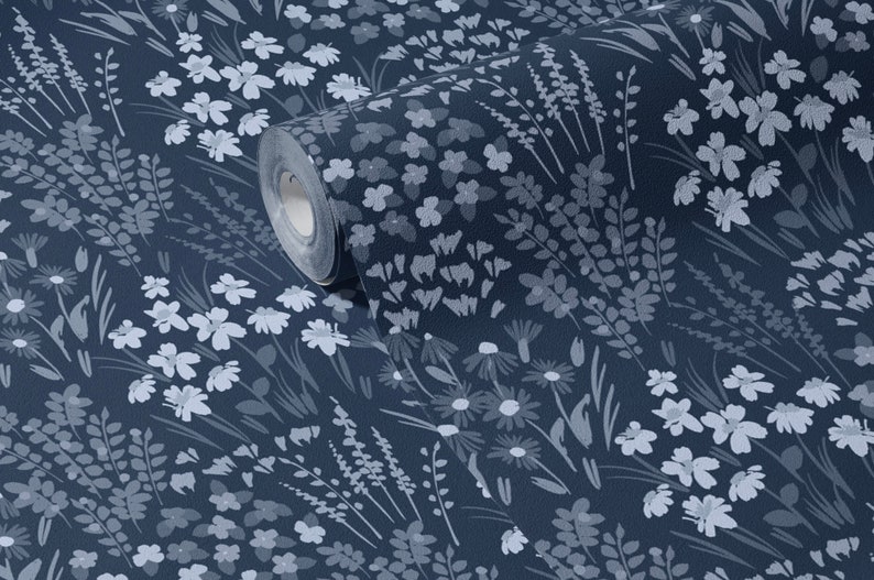 Painted Wildflower Meadow Flowers Peel and Stick or Traditional Wallpaper Wall Mural - Dark Blue Navy Cobalt