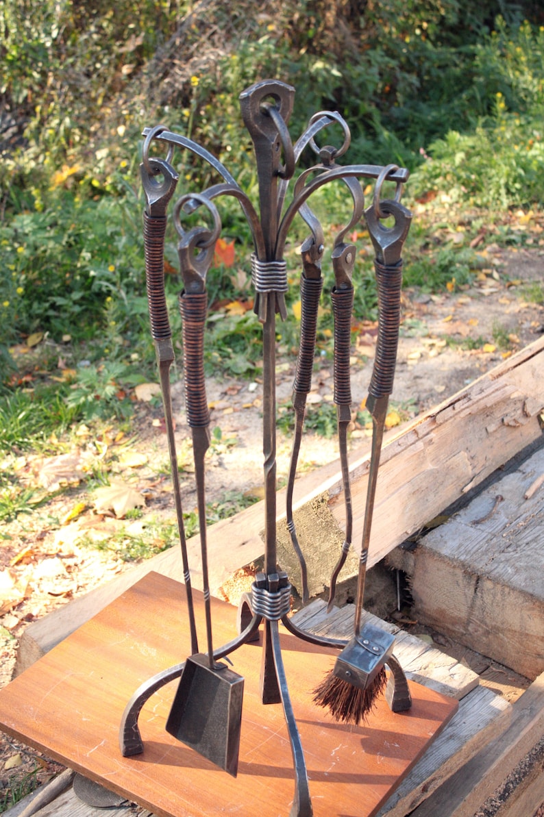 Fireplace tool set. Hand 4 piece with stand. Wrought Etsy