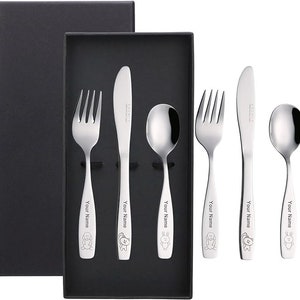 CosyAurora x Exzact Personalised Children's Cutlery 6pcs - Packed in a Black Gift Box (6pcs with Personalised Name), Kids Cutlery Set