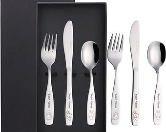CosyAurora x Exzact Personalised Children's Cutlery 6pcs - Packed in a Black Gift Box (6pcs with Personalised Name), Kids Cutlery Set