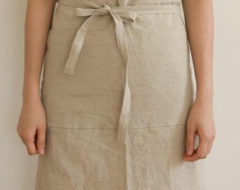 waist tie Apron with pocket, Natural Basic Aprons, Linen Apron, Kitchen Linen Apron, Natural Soft Apron, Cafe Apron