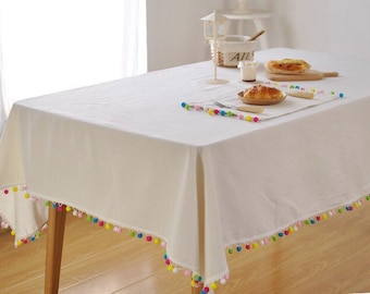 White linen tablecloth with rainbow tassel, Colour Tassel tablecloth, Christmas table decoration, table cover