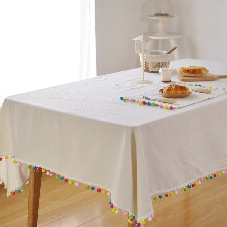 White Linen Tablecloth With Rainbow Tassel Colour Tassel Etsy