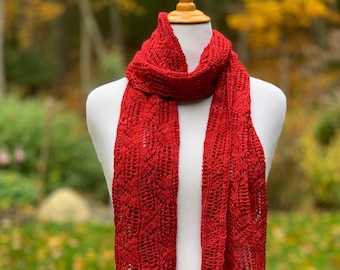 Handknit Holiday Scarf in Wool | Bright Red Lace-Knit Scarf