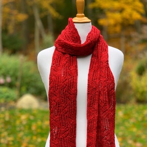 Handknit Holiday Scarf in Wool | Bright Red Lace-Knit Scarf