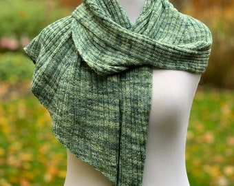 Warm green hand knit shawl | Soft striped shawl, wool and silk