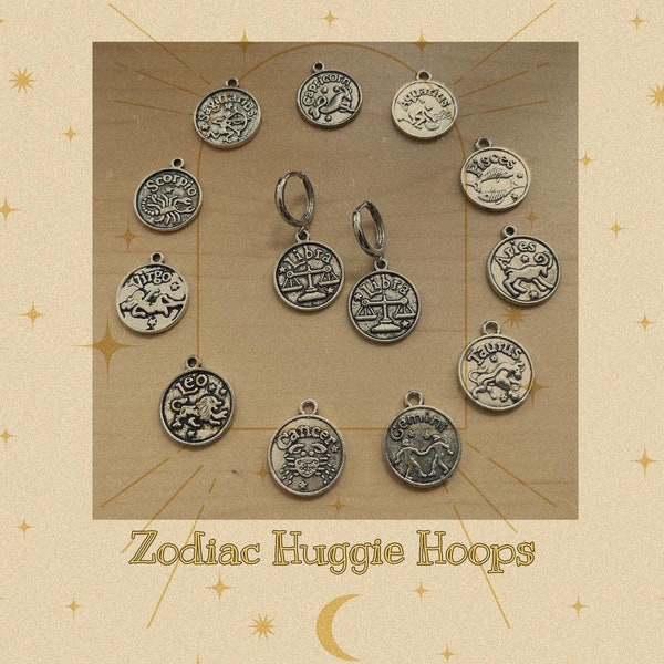 Zodiac Astrology Huggie Hoop Earrings, silver astrology earrings, zodiac earrings, zodiac charm earrings, astrology earrings,