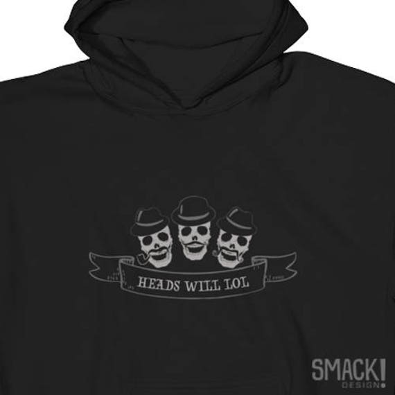 Mens/Unisex 'Heads will LOL' laughing skulls black hoodie with kangaroo pocket