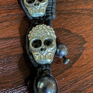 Black beaded silver skull charm and Gem stone bracelet for men and women, pull string ,punk/rock alternative jewellery, gift for him/her