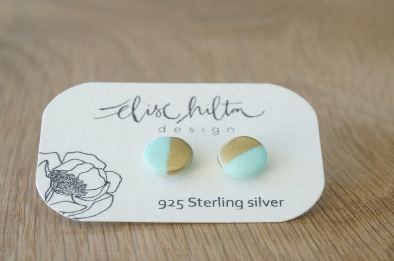 polymer clay and sterling silver Mint and gold stud earrings